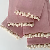 Linge à vaisselle en pur lin, certifié Oeko-Tex avec pompoms - Bois de rose