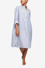 Chemise de nuit longue en 100% lin de luxe - Cabana - Rayures bleu marine