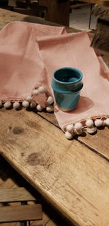 Linge à vaisselle en pur lin, certifié Oeko-Tex avec pompoms - Doux gingembre