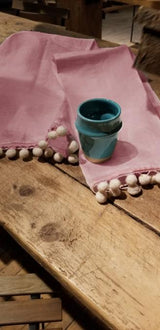 Linge à vaisselle en pur lin, certifié Oeko-Tex avec pompoms - Bois de rose