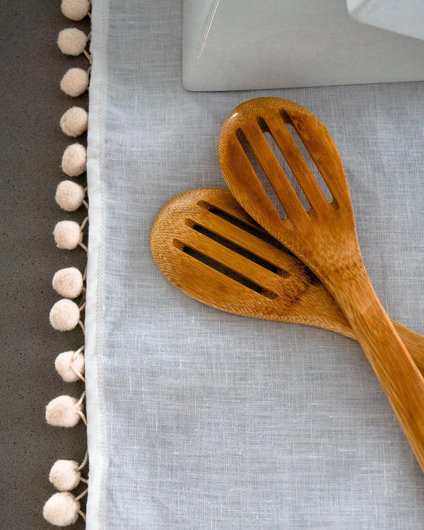 Linge à vaisselle en pur lin avec pompoms - Blanc